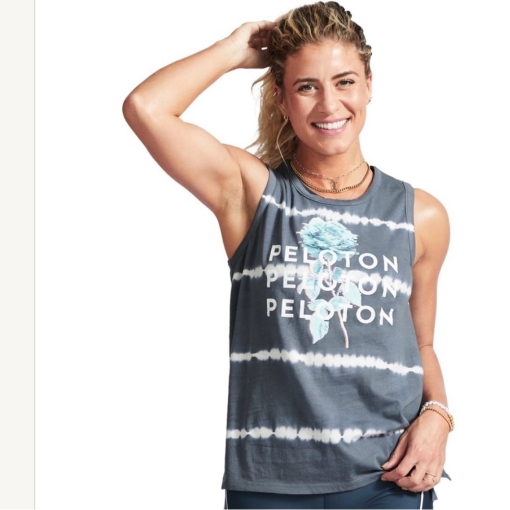 Peloton Tie-Dye Studio Side Slit Muscle Tank in Grey with a Rose Graphic - Picture 13 of 13
